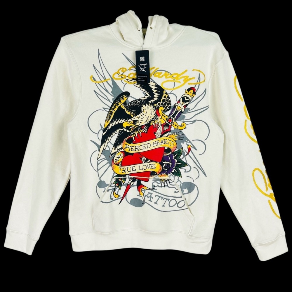 Ed Hardy Men's Ivory Pullover Hooded Sweatshirt Sz Small Tattoo Eagle Hearts NWT